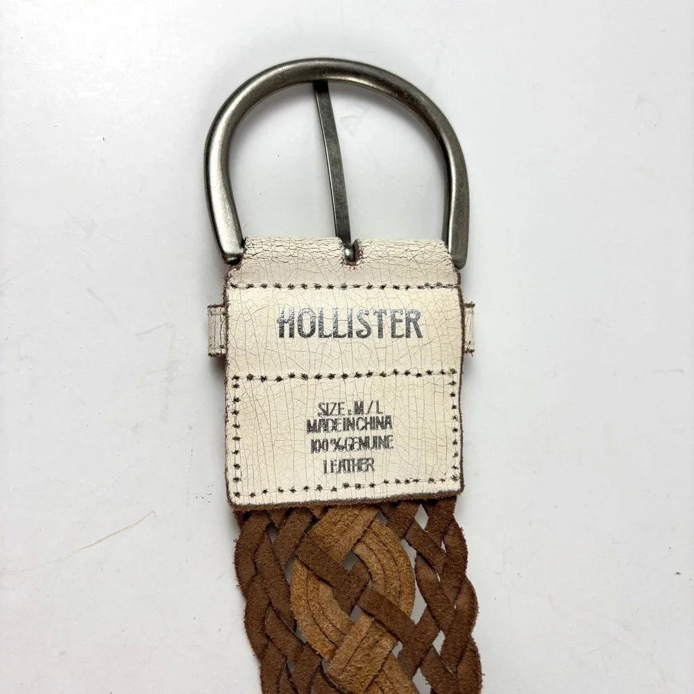 Hollister Braided Belt Womens M/L White Tan Genuine Leather Woven Wide Boho Y2K